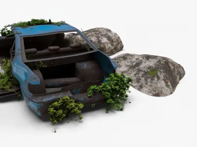 4K realistic low poly abandoned car recycle bin and rock Low-poly 3D model