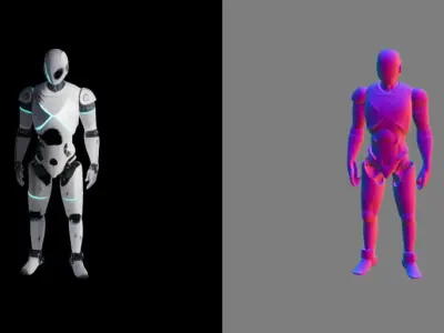 humanoid robot metallic body with blue glowing strips Free low-poly 3D model