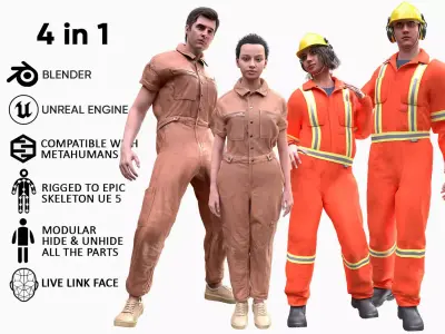 Mens and Womens Miner and Overalls Outfits 3D Model Collection