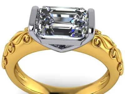 Vintage Emerald Cut Scroll Hand Crafted Engraving design Ring 3D print model