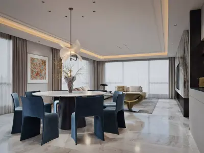 Modern luxury living and dining room interior 3D model
