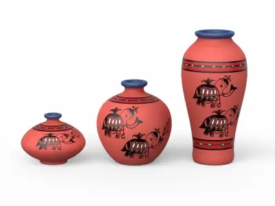 Madhubani Coral Terracotta Pots painted Low-poly 3D model