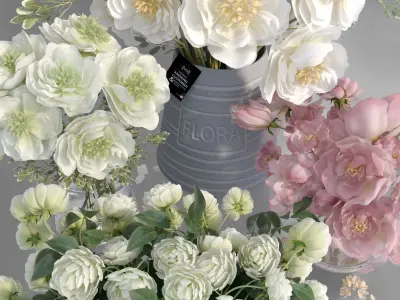 Realistic Natural Fresh Peonies in Different Vases 3D model