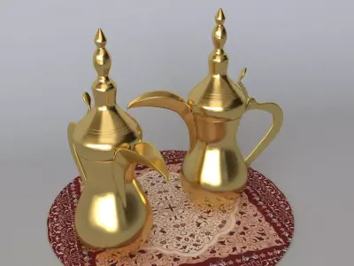 Dallah two golden coffee pots on table 3D model