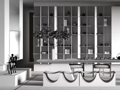 Chinese tearoom study room  Low-poly 3D model