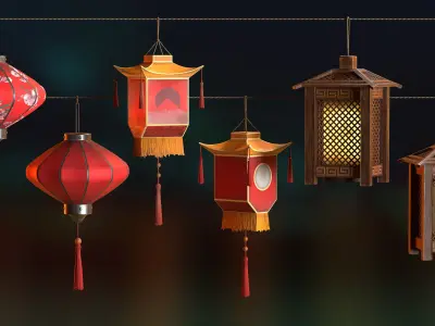 Japanese Lanterns Set Low-poly 3D model