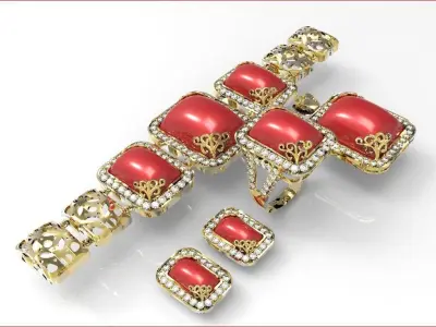 jewelry coral set with gold and diamonds Free 3D model