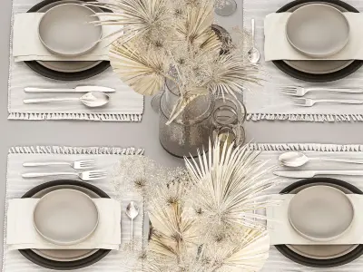 Table setting for 6 persons with a bouquet of dried flowers 3D model
