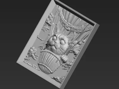 Kitten riding a hot air balloon A42 3D print model