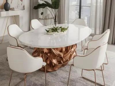 Modern Luxury Oval Dining Set with Rose Gold Base 3D model