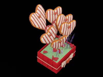 Hearts Boquet With Violet Flowers Low-poly 3D model