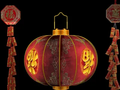 Chinese red lantern anf fire cracker 3D model