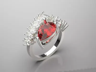 White Gold Ring with Pear Cut Ruby and Diamonds jr00007 3D print model
