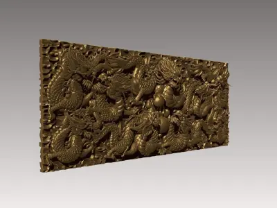 Nine Dragons Wall High Detail Bas Relief 3D print model