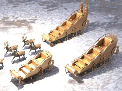 Reindeer statue 6 With 3 Santas Sleighs 3D model