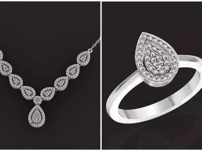 Diamond set Ring  and pendant Pear shaped halo 2693 3D Model Pack