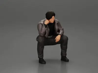 Worried man in a leather jacket sitting and thinking 3D print model