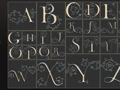 104 Ornamental alphabet 3D Model alpha and brush vol 17 Low-poly 3D model