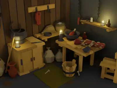 Low-Poly Pack 1 room with wooden furniture Low-poly 3D model