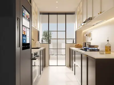 Modern Light Luxury Galley Kitchen with Smart Fridge 3D model