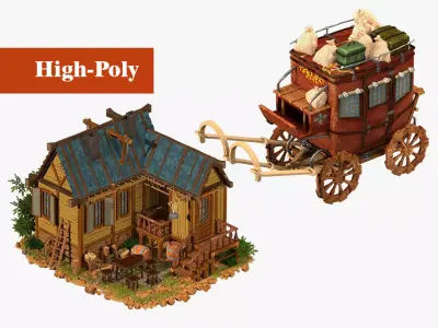 old farmhouse Diligence Wells Fargo coach high-poly 3D Model Pack