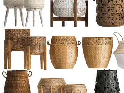 Basket Collection  Wicker  Rattan White Baskets 3D model