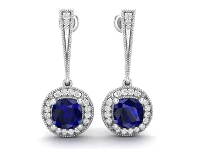 AV 552 Cushion Cut and Round Diamond Ladies Halo Drop Earrings 3D print model