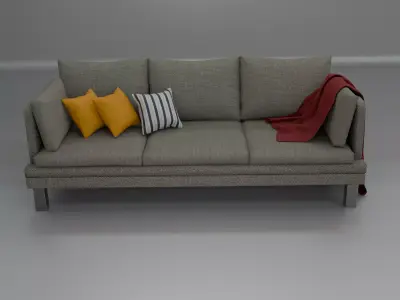 Modern Grey Fabric Sofa with Throw Pillows and Blanket Free 3D model
