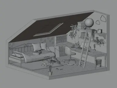 Attic bedroom Low-poly 3D model