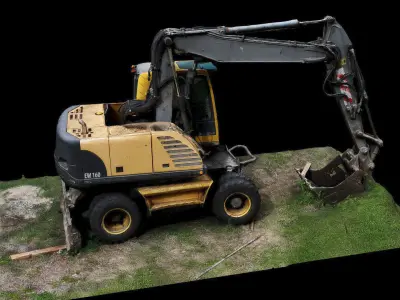 construction-site excavator on wheels drone photogrammetry 3D model