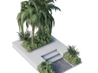 Concrete stair garden with palm trees shrubs and grass set 112 3D model