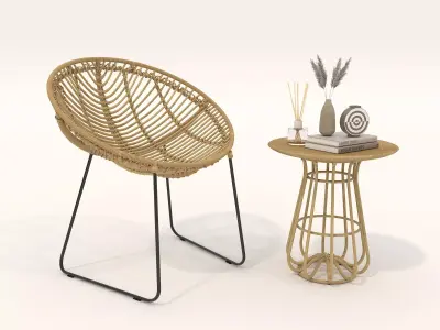 Rattan Coffee Table and Chair Set 3D model