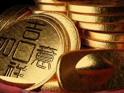 Chinese Gold Coin and Ingot with Bowl 3D model