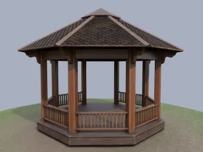 Wooden octagon gazebo house in garden Low-poly 3D model
