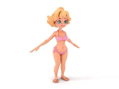Animated Cartoon Female Character Model in Swimsuit Rigged an... Low-poly 3D model