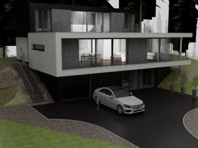 A modern mountain villa  Low-poly 3D model