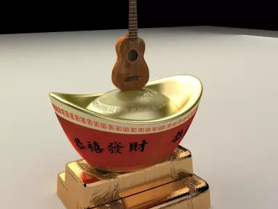 Chinese gold ingot with ukulele 3D model