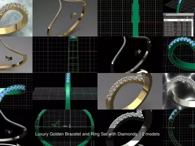 Luxury Golden Bracelet and Ring Set with Diamonds  3D Model Pack