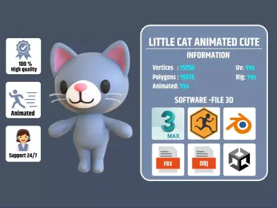 Little Cat Animated Cute 3D Models For Games And Animations Low-poly 3D model