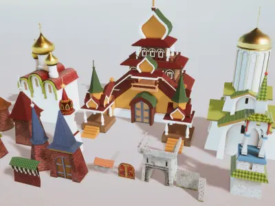 Stylized Medieval Town Props Kit 15 Items Low-poly 3D model