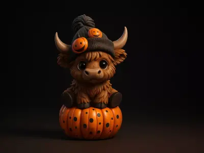 Adorable Highland Cow Sitting on Pumpkin Cute Halloween 3D print model