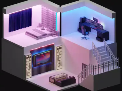 Immersive Isometric Room with Gaming Bedroom and Living Areas 3D model