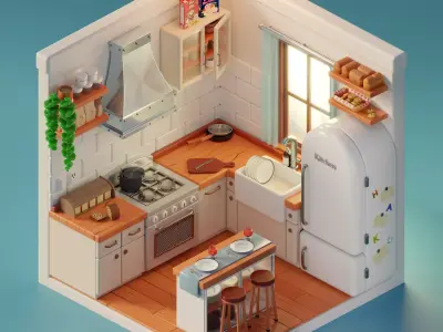 Isometric Room Scene Kitchen Cartoon - Escena Isometrica Cocina 3D model