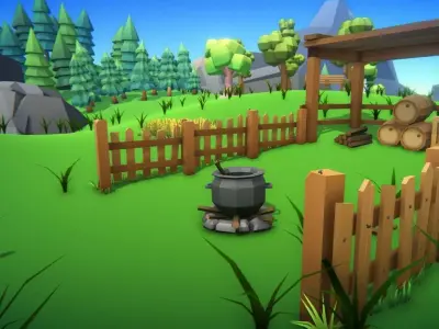 Low Poly World farm with wooden fence and trees Low-poly 3D model