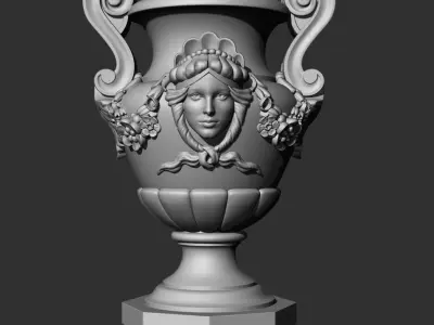 Decorated urn with female head and flower garland 3D model