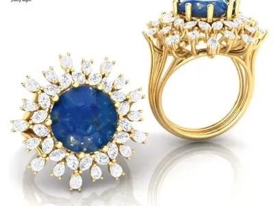 RING with deep blue color stone embraced by diamonds 3D print model