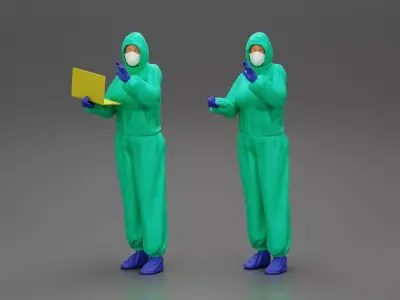 woman wearing antivirus suit standing and holding a laptop 3D print model