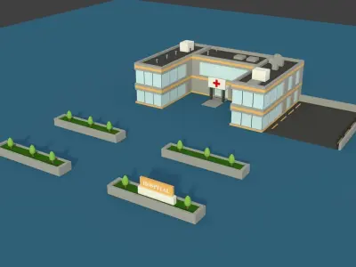 Low Poly Hosptial 2 hospital building with plants and trees Low-poly 3D model