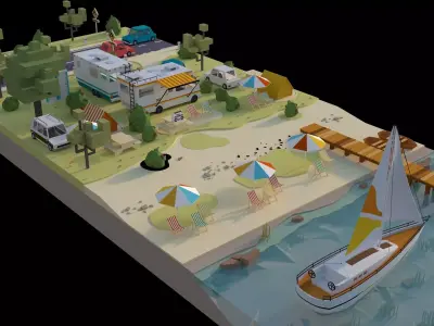 Low poly isometric camping and beach scenes Low-poly 3D model