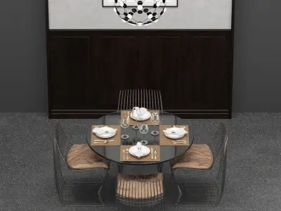 Rock Table and Sign Filo chairs set with Decoration wall 3D model